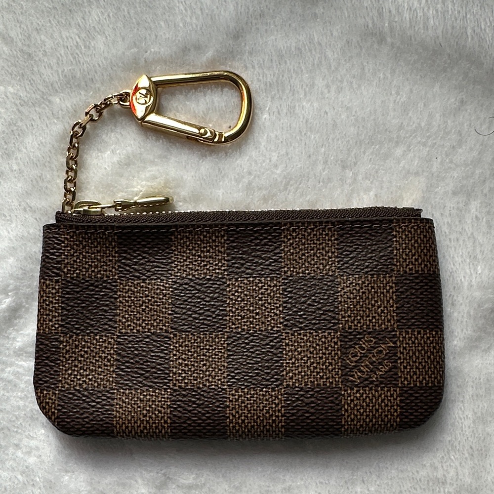 Louis Vuitton Brown Checkered Key Pouch with Gold Clasp